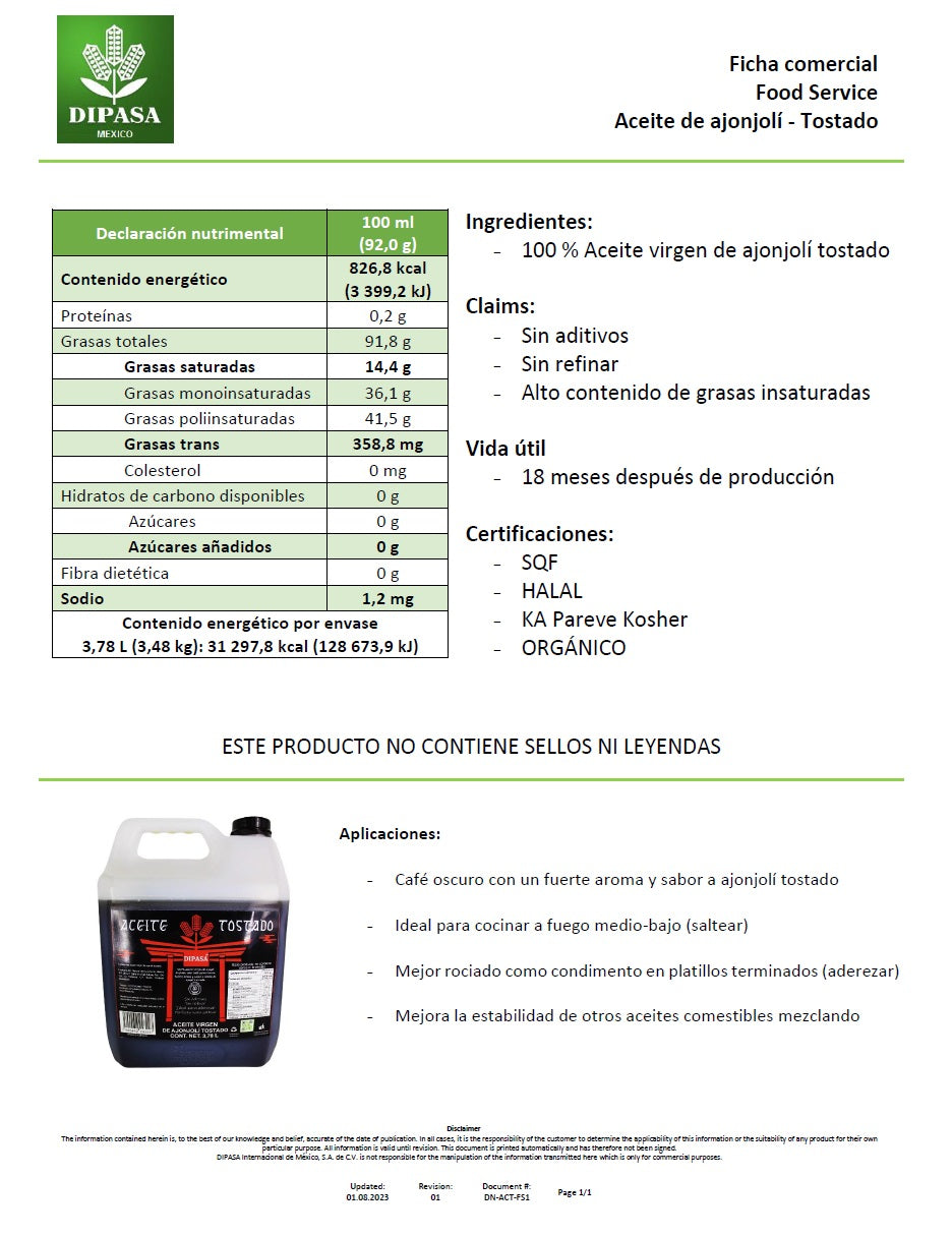 
                  
                    Aceite de Ajonjolí Tostado 3.78L
                  
                